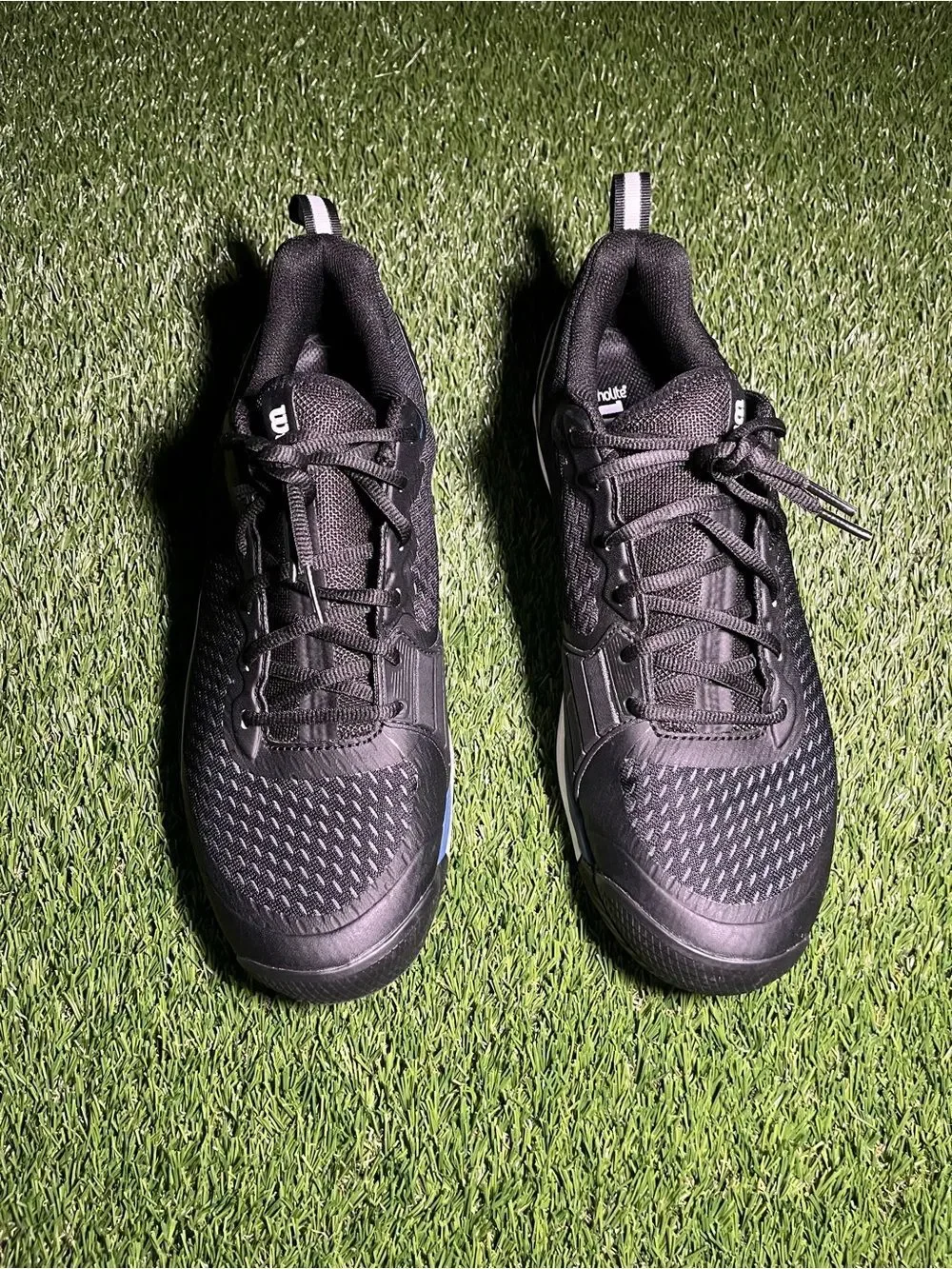 Men’s 12 Wilson Pro Rush 4.5 Black Tennis Shoes with Blue & White Accents